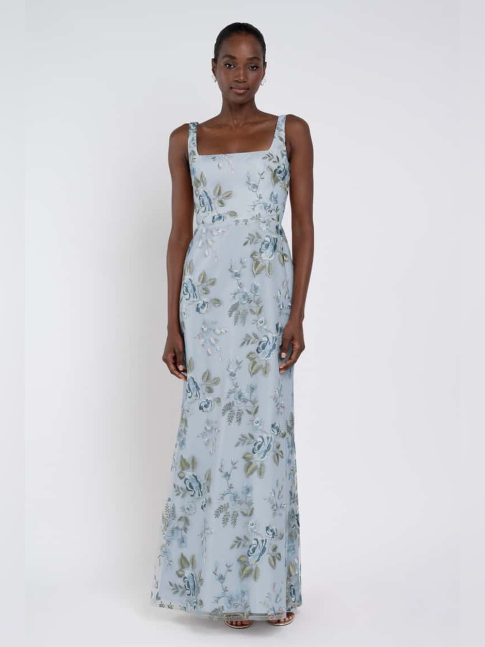 Jenny Yoo Pale Blue Floral Embroidered Maxi Dress